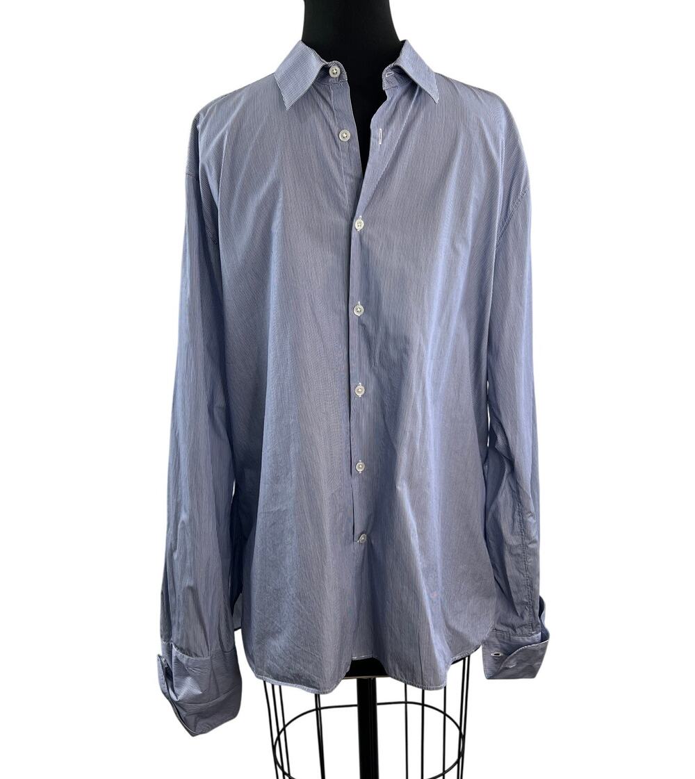 John Varvatos Blue Mens Dress Shirt Striped Slim Fit Formal Business Sz 17 34/35